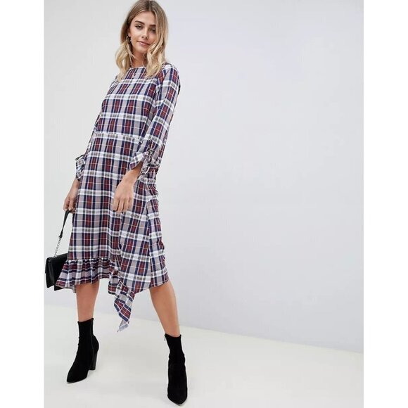 ASOS Soft Trapeze Midi Dress Pephem in Check Plaid Print Back Bow Ruffle Hem - Picture 2 of 12